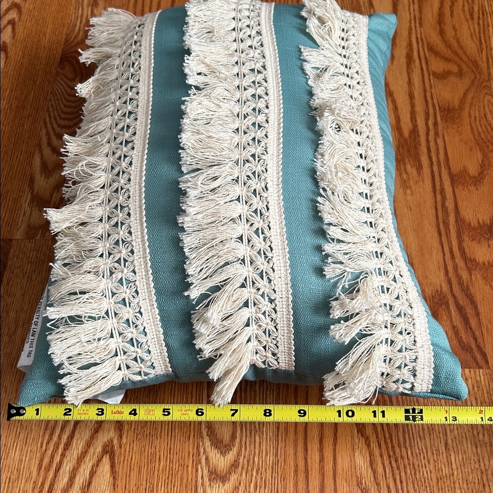 Boho Teal and Cream Decorative Pillow with Fringe 18x13 inches Crochet Lace - Picture 8 of 9